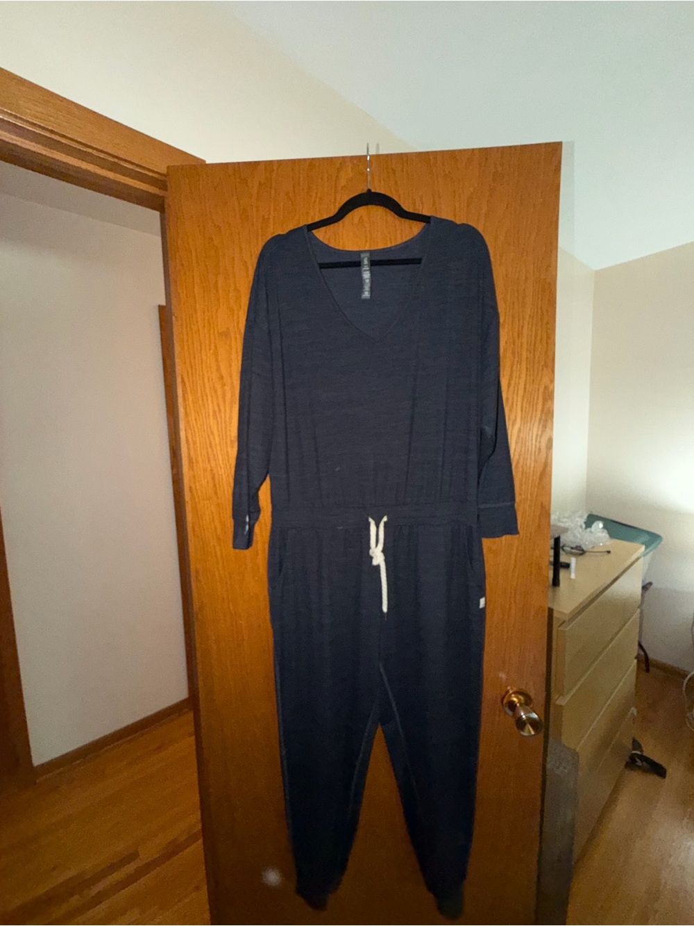 Vuori Navy Long-Sleeve V-Neck Jumpsuit with Drawstring